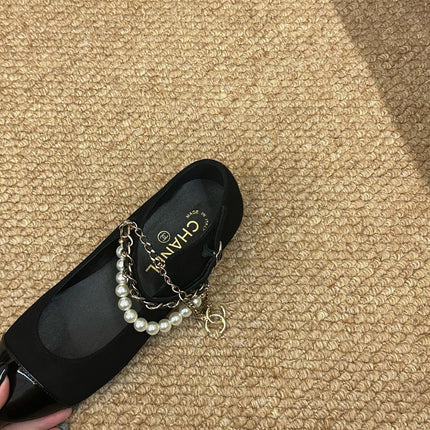 CHANEL 26S MARY JANE PEARL STRAP FLATS IN BLACK CALFSKIN