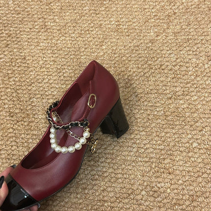 CHANEL 26S MARY JANE PEARL STRAP HIGH HEELS IN BURGUNDY RED CALFSKIN