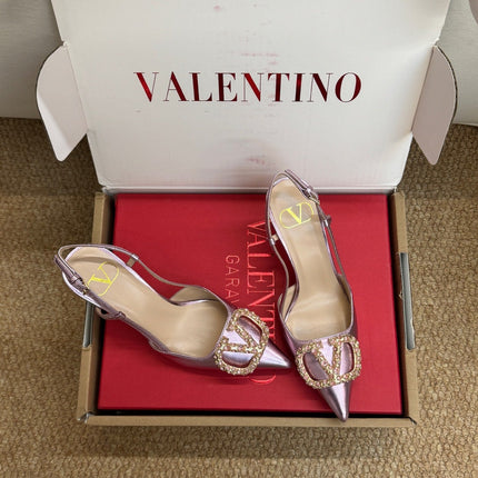 VALENTINO 26S HIGH HEEL SLINGBACKS IN METALLIC PINK CALFSKIN WITH CRYSTAL
