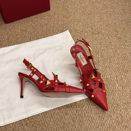 VALENTINO 26S ROCKSTUD SLINGBACK HEELS IN RED CALFSKIN