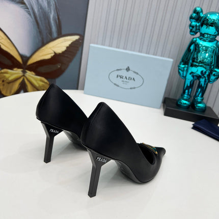 PRADA 26S POINTED TOE PUMPS STILETTO HEEL 80MM IN BLACK SATIN