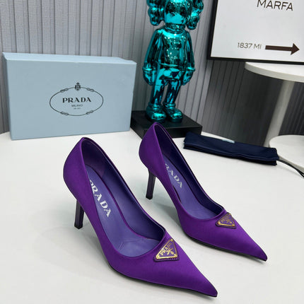 PRADA 26S POINTED TOE PUMPS STILETTO HEEL 80MM IN DEEP PURPLE SATIN