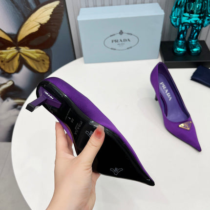 PRADA 26S POINTED TOE PUMPS STILETTO HEEL 80MM IN DEEP PURPLE SATIN