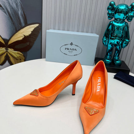 PRADA 26S POINTED TOE PUMPS STILETTO HEEL 80MM IN ORANGE SATIN