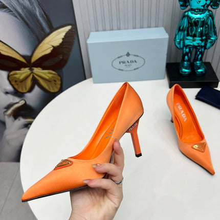 PRADA 26S POINTED TOE PUMPS STILETTO HEEL 80MM IN ORANGE SATIN