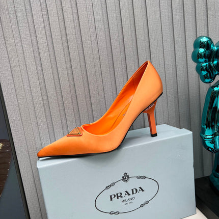 PRADA 26S POINTED TOE PUMPS STILETTO HEEL 80MM IN ORANGE SATIN