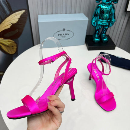 PRADA 26S ANKLE STRAP SANDALS STILETTO HEEL 80MM IN FUCHSIA PINK SATIN