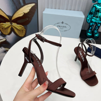 PRADA 26S ANKLE STRAP SANDALS STILETTO HEEL 80MM IN DARK BROWN SATIN