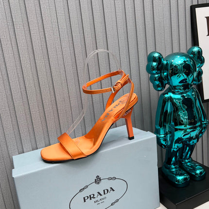 PRADA 26S ANKLE STRAP SANDALS STILETTO HEEL 80MM IN ORANGE SATIN