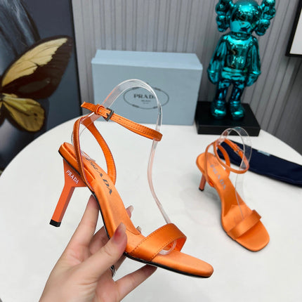 PRADA 26S ANKLE STRAP SANDALS STILETTO HEEL 80MM IN ORANGE SATIN