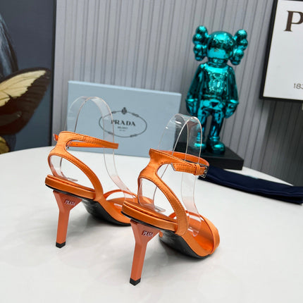 PRADA 26S ANKLE STRAP SANDALS STILETTO HEEL 80MM IN ORANGE SATIN
