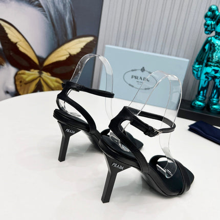 PRADA 26S ANKLE STRAP SANDALS STILETTO HEEL 80MM IN BLACK CALFSKIN