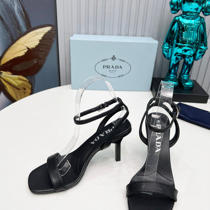 PRADA 26S ANKLE STRAP SANDALS STILETTO HEEL 80MM IN BLACK CALFSKIN