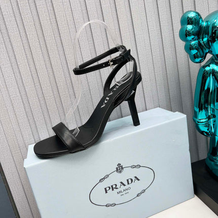 PRADA 26S ANKLE STRAP SANDALS STILETTO HEEL 80MM IN BLACK CALFSKIN