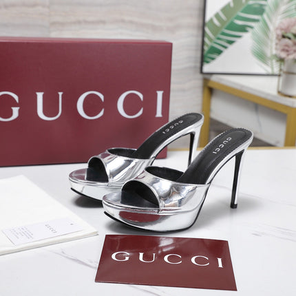 GUCCI 26S HEELED SANDALS 105 MM IN SILVER PATENT CALFSKIN