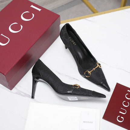GUCCI 26S HORSEBIT PUMPS 85 MM IN BLACK CANVAS AND CALFSKIN