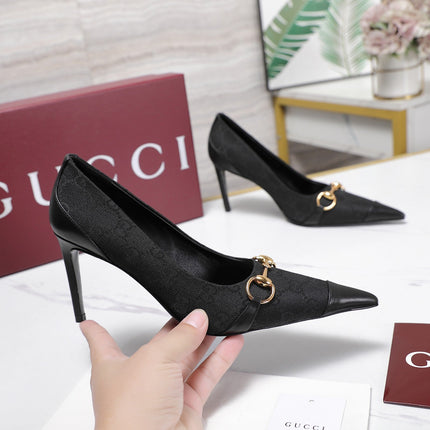 GUCCI 26S HORSEBIT PUMPS 85 MM IN BLACK CANVAS AND CALFSKIN