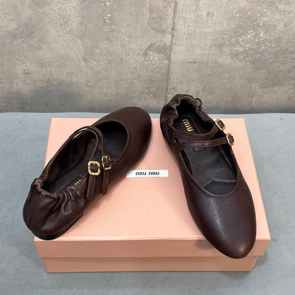 MIUMIU 26S DOUBLE STRAP MARY JANE FLATS IN DARK BROWN SHEEPSKIN