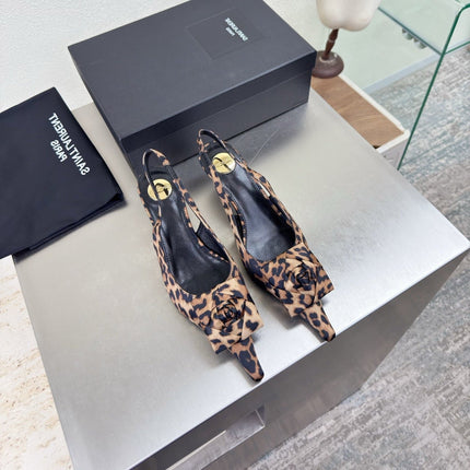 YSL 26S SLINGBACK HIGH HEELS 55 MM IN LEOPARD PRINT SATIN