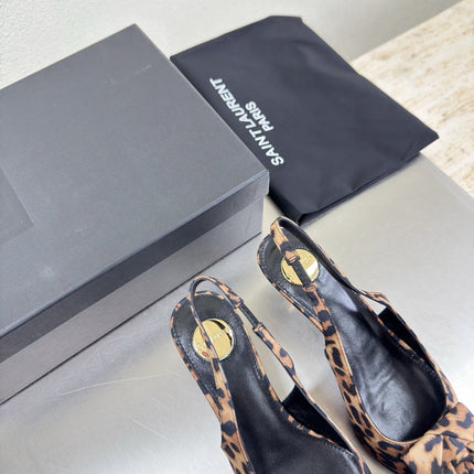 YSL 26S SLINGBACK HIGH HEELS 55 MM IN LEOPARD PRINT SATIN