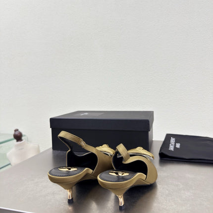 YSL 26S SLINGBACK HIGH HEELS 55 MM IN LIGHT OLIVE GREEN SATIN