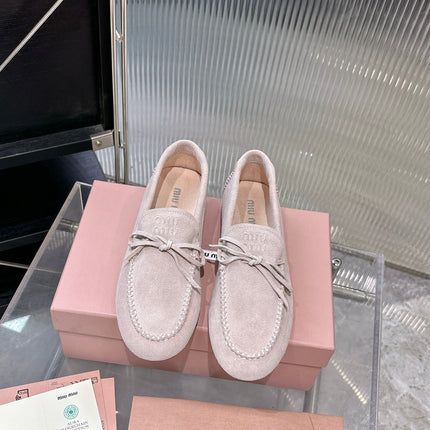 MIUMIU 26S LOAFERS IN LIGHT PINK SUEDE WITH BOW