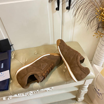 PRADA 26S LACE UP SNEAKERS IN CARAMEL BROWN SUEDE