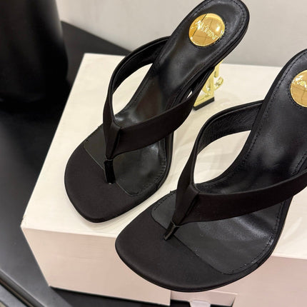 YSL 26S TOE-POST HIGH HEEL SANDALS IN BLACK SATIN