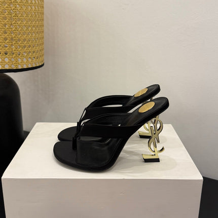 YSL 26S TOE-POST HIGH HEEL SANDALS IN BLACK SATIN
