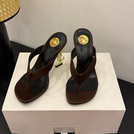 YSL 26S TOE-POST HIGH HEEL SANDALS IN DARK BROWN SATIN