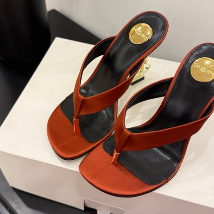 YSL 26S TOE-POST HIGH HEEL SANDALS IN ORANGE SATIN