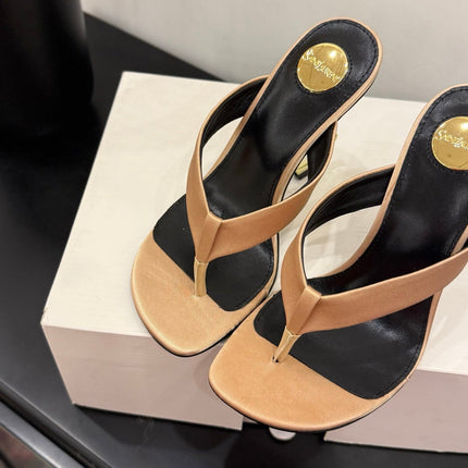 YSL 26S TOE-POST HIGH HEEL SANDALS IN SANDY BROWN SATIN