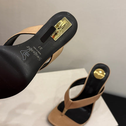YSL 26S TOE-POST HIGH HEEL SANDALS IN SANDY BROWN SATIN