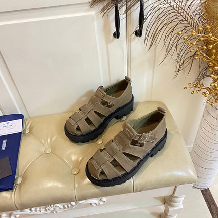 PRADA 26S BUCKLE FISHERMAN SANDALS CHUNKY SOLE IN BROWN CANVAS