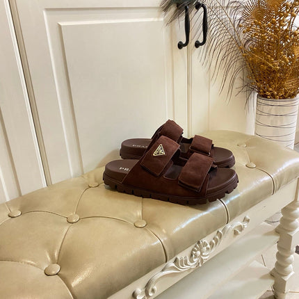 PRADA 26S DOUBLE STRAP SANDALS CHUNKY SOLE IN DARK BROWN SUEDE WITH LOGO
