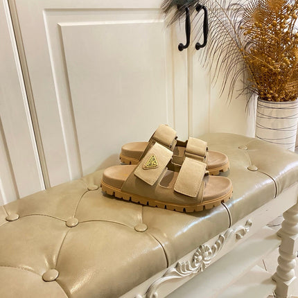 PRADA 26S DOUBLE STRAP SANDALS CHUNKY SOLE IN BEIGE SUEDE WITH LOGO