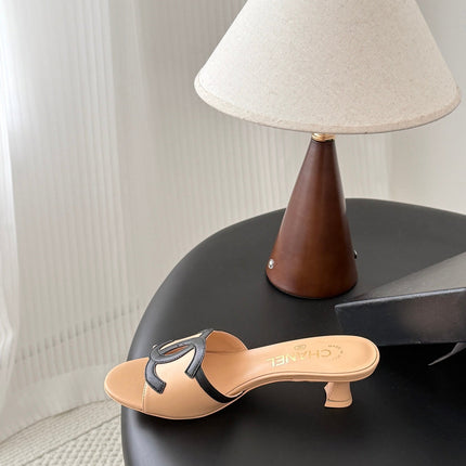 CHANEL HIGH MULES IN BEIGE MIX BLACK CALFSKIN