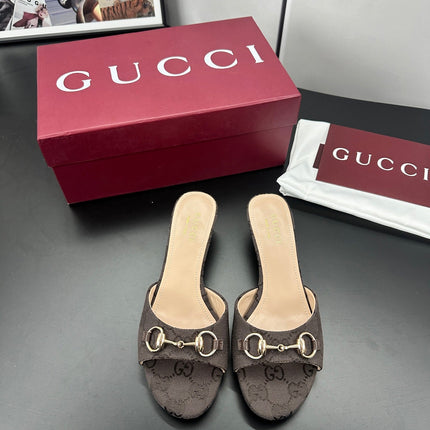 GUCCI 26S HIGH-HEELED SANDALS 50 MM IN DARK BROWN CANVAS