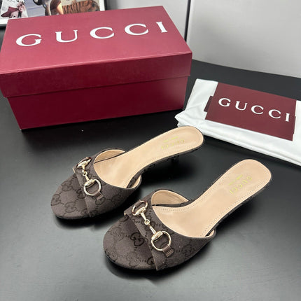 GUCCI 26S HIGH-HEELED SANDALS 50 MM IN DARK BROWN CANVAS
