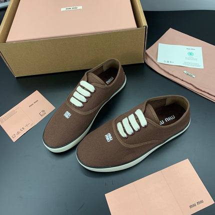 MIUMIU 26S LACE UP SNEAKERS IN DARK BROWN CANVAS RUBBER SOLE