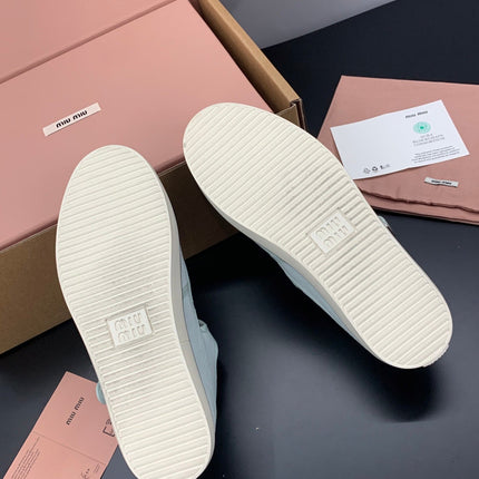 MIUMIU 26S MARY JANE FLATS IN PALE MINT CANVAS LOGO
