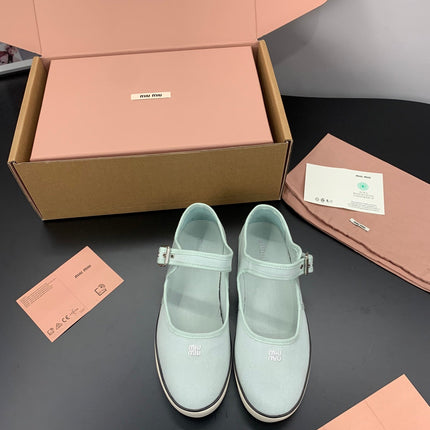 MIUMIU 26S MARY JANE FLATS IN PALE MINT CANVAS LOGO