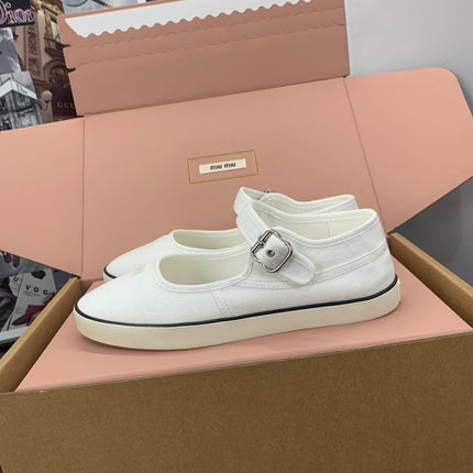 MIUMIU 26S MARY JANE FLATS IN WHITE CANVAS LOGO