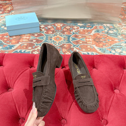 PRADA 26S LOAFERS 25MM IN CHOCOLATE BROWN SUEDE