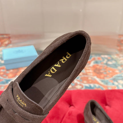 PRADA 26S LOAFERS 25MM IN CHOCOLATE BROWN SUEDE