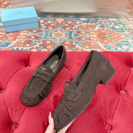 PRADA 26S LOAFERS 25MM IN CHOCOLATE BROWN SUEDE