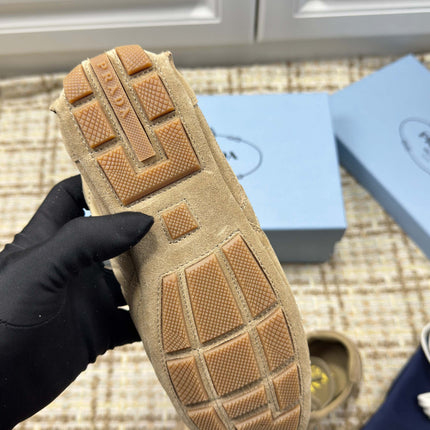 PRADA 26S LOW TOP SNEAKERS IN OLIVE BROWN NYLON AND SUEDE