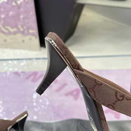 GUCCI 26S THONG KITTEN HEEL SANDALS 55MM IN BROWN GG CANVAS