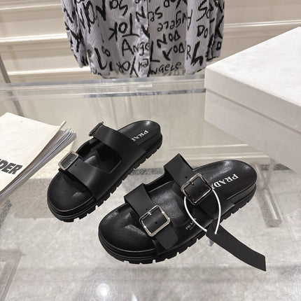 PRADA 26S SLIDES SANDALS IN BLACK CALFSKIN SILVER HARDWARE