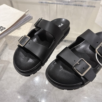 PRADA 26S SLIDES SANDALS IN BLACK CALFSKIN SILVER HARDWARE
